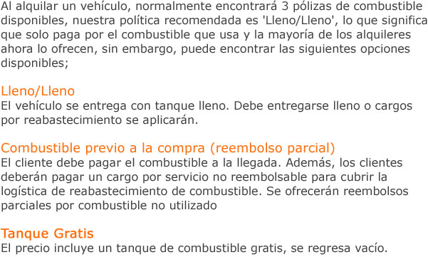 Opciones de póliza de combustible para renta de autos en Columbia